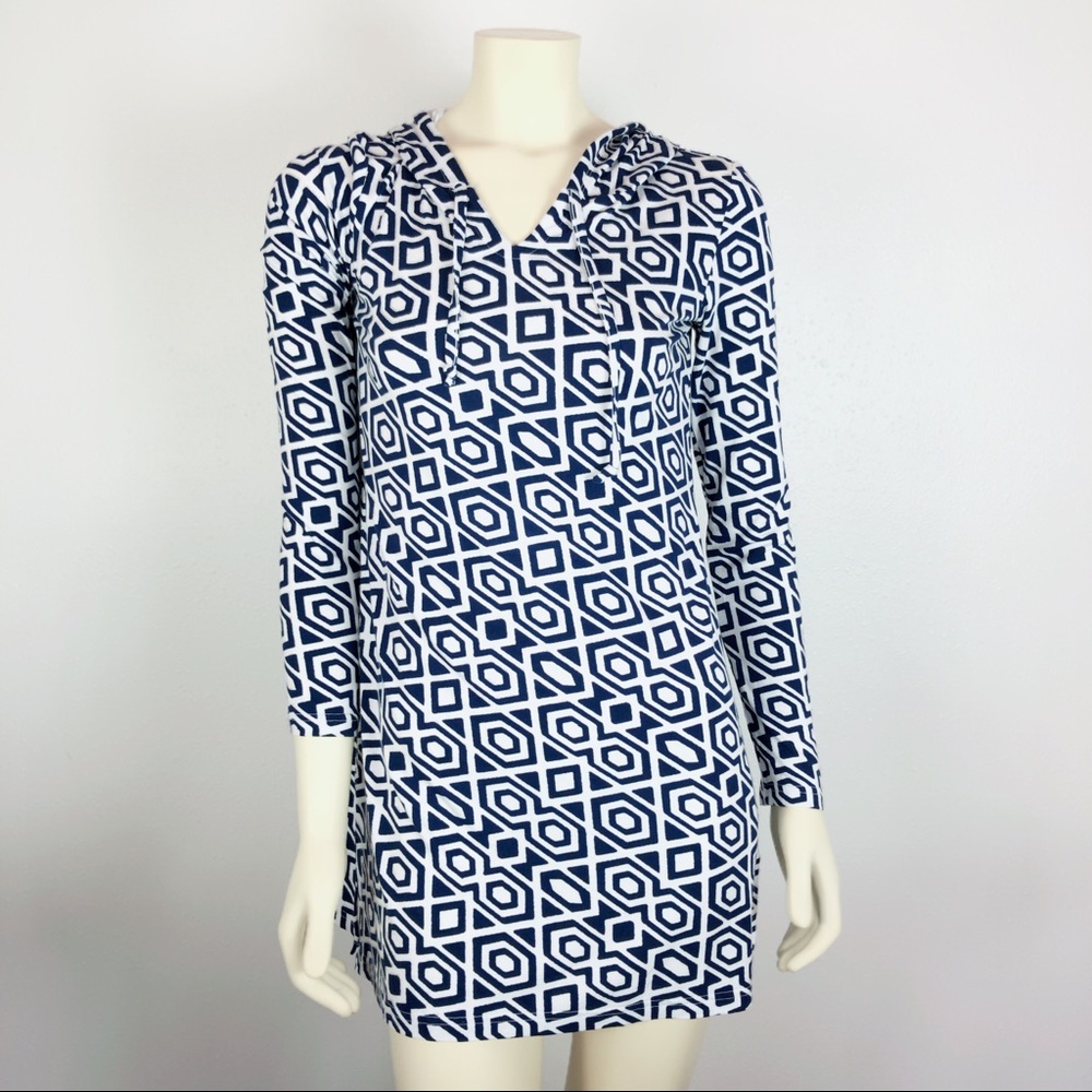 NWT Mott 50 Blue White Hoooded Pullover Top Size S
